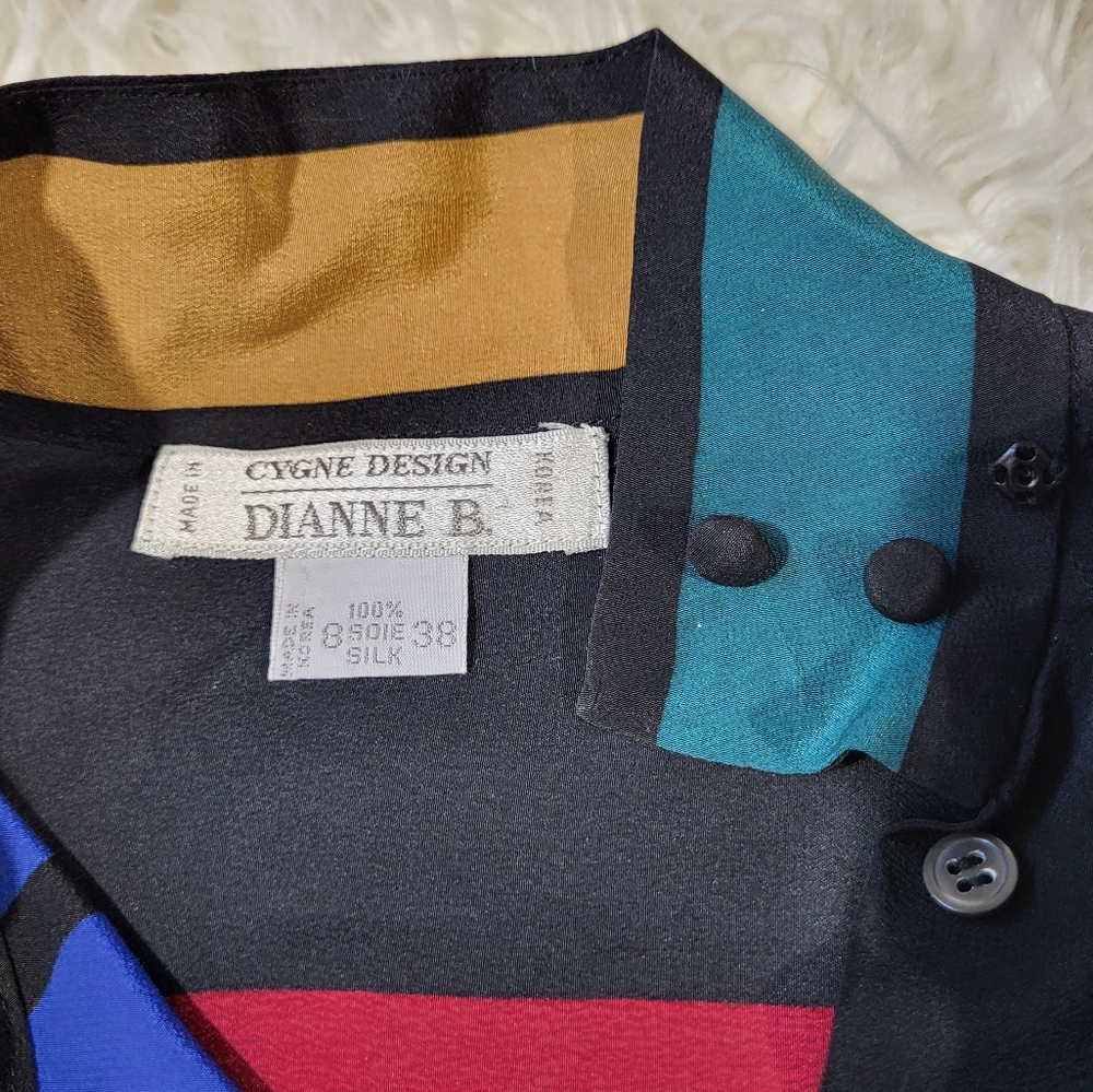 Vintage 80s Dianne B, Cygne Design Silk Blouse Multicolors Shirt Size 8 / 38 - Picture 6 of 12